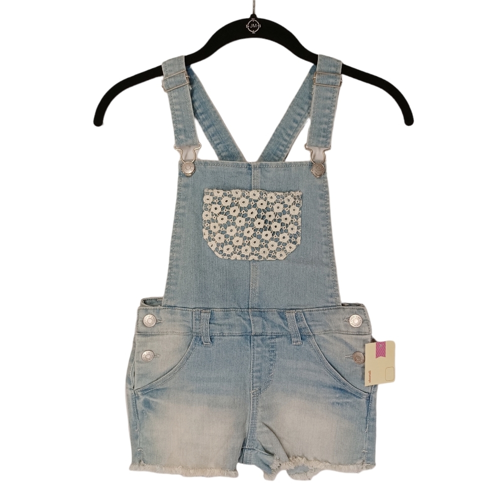 CHEROKEE Light Blue Denim White Floral Lace Pocket Shortall Jean Overalls S NWT
